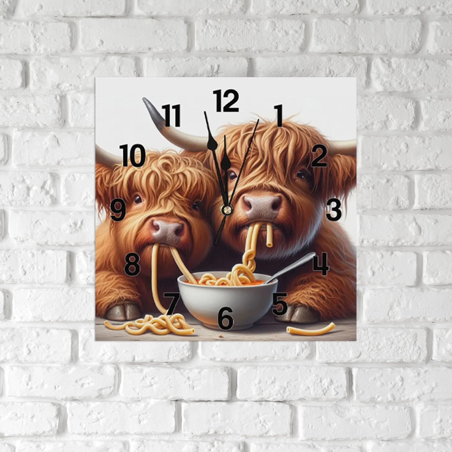 Square Wall Clock - Funny Highland Cow - Pasta Design