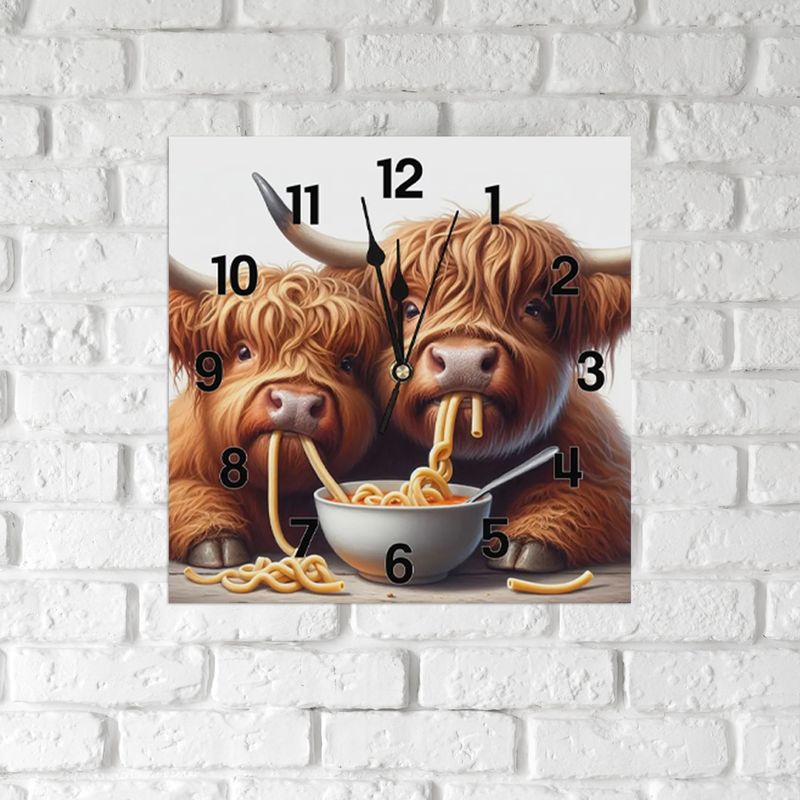Square Wall Clock - Funny Highland Cow - Pasta Design