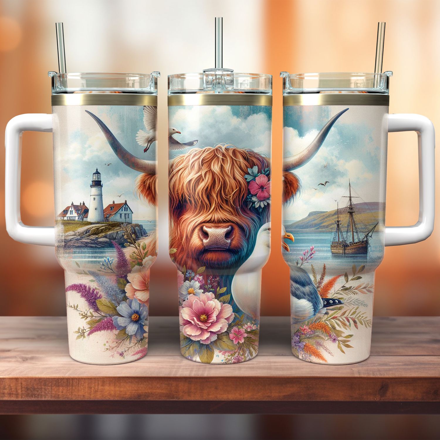 Tumbler with handle - ToGo - Maritime style Highland cow with seagull