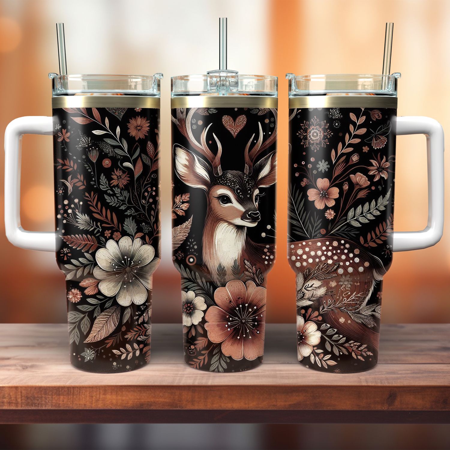 Tumbler with handle - ToGo - Floral with deer