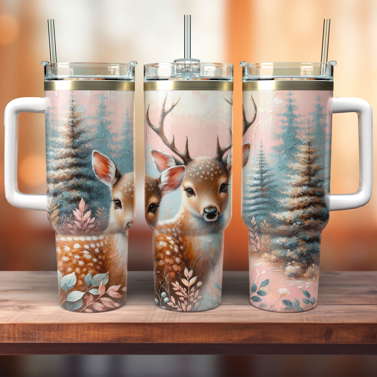 Tumbler with handle - ToGo - forest landscape with deer