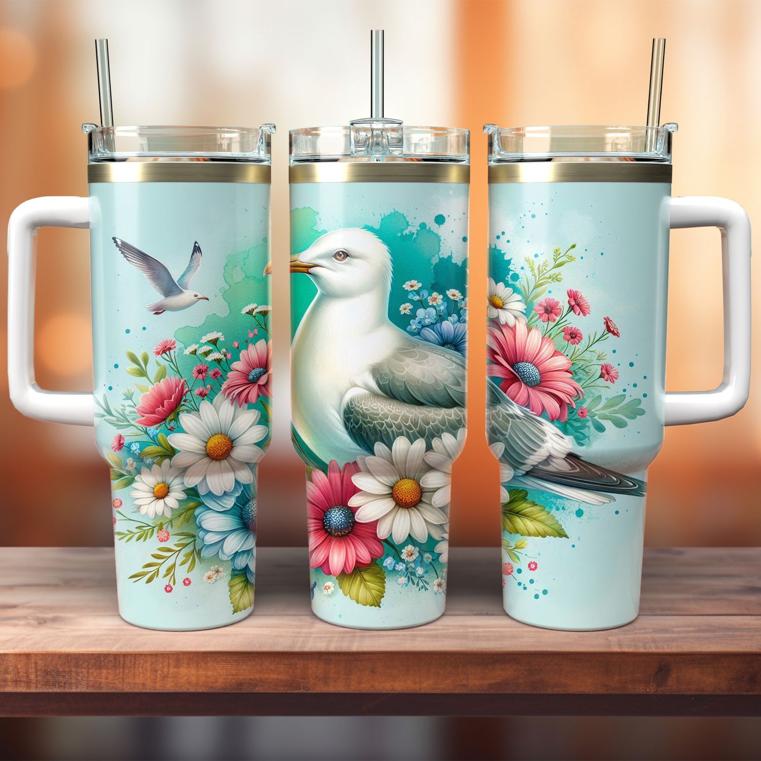 Tumbler with handle - ToGo - Floral with seagull