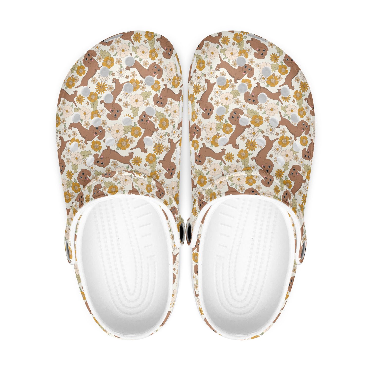 Retro style beige clogs - dachshund and flowers