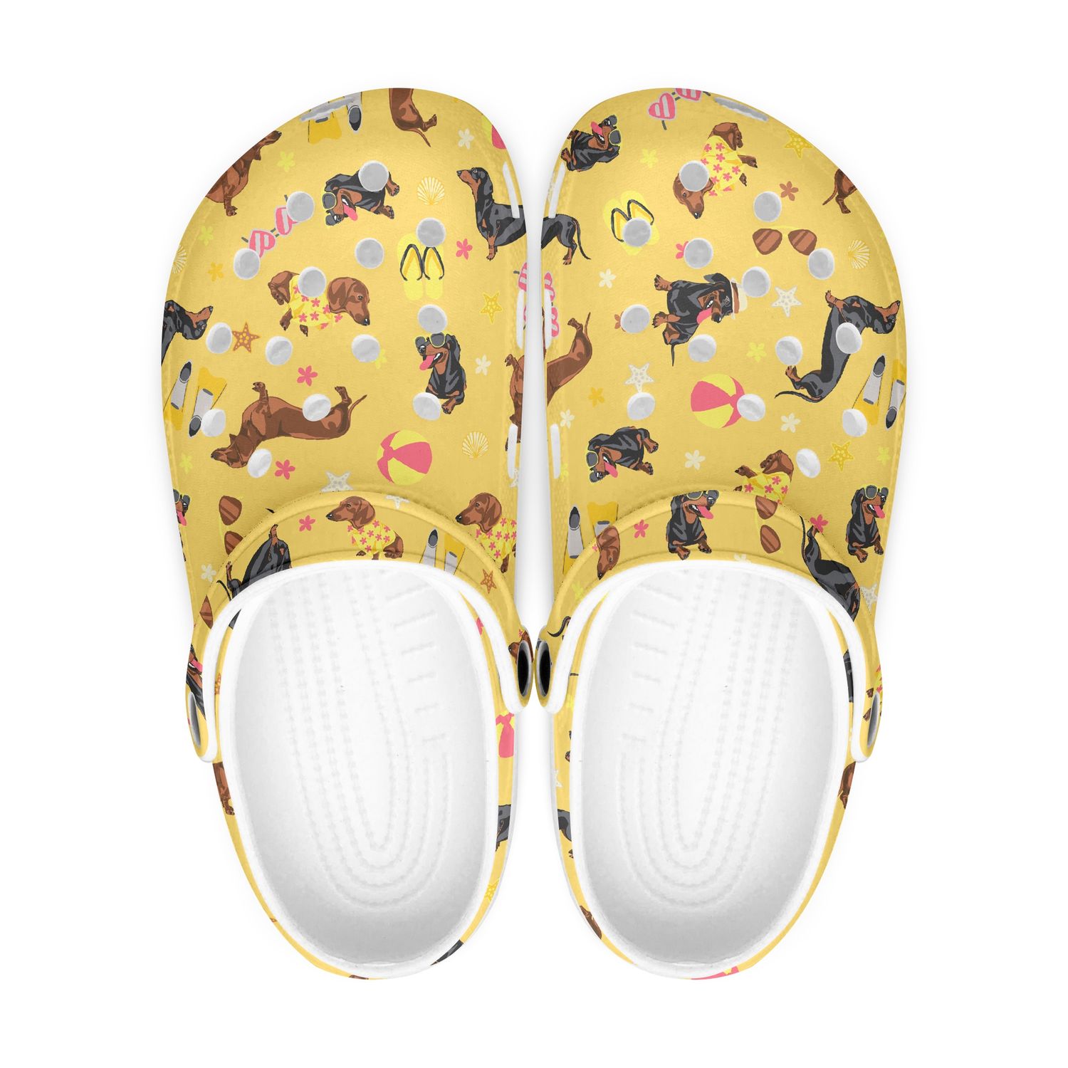 Funny yellow clogs - dachshunds on the beach