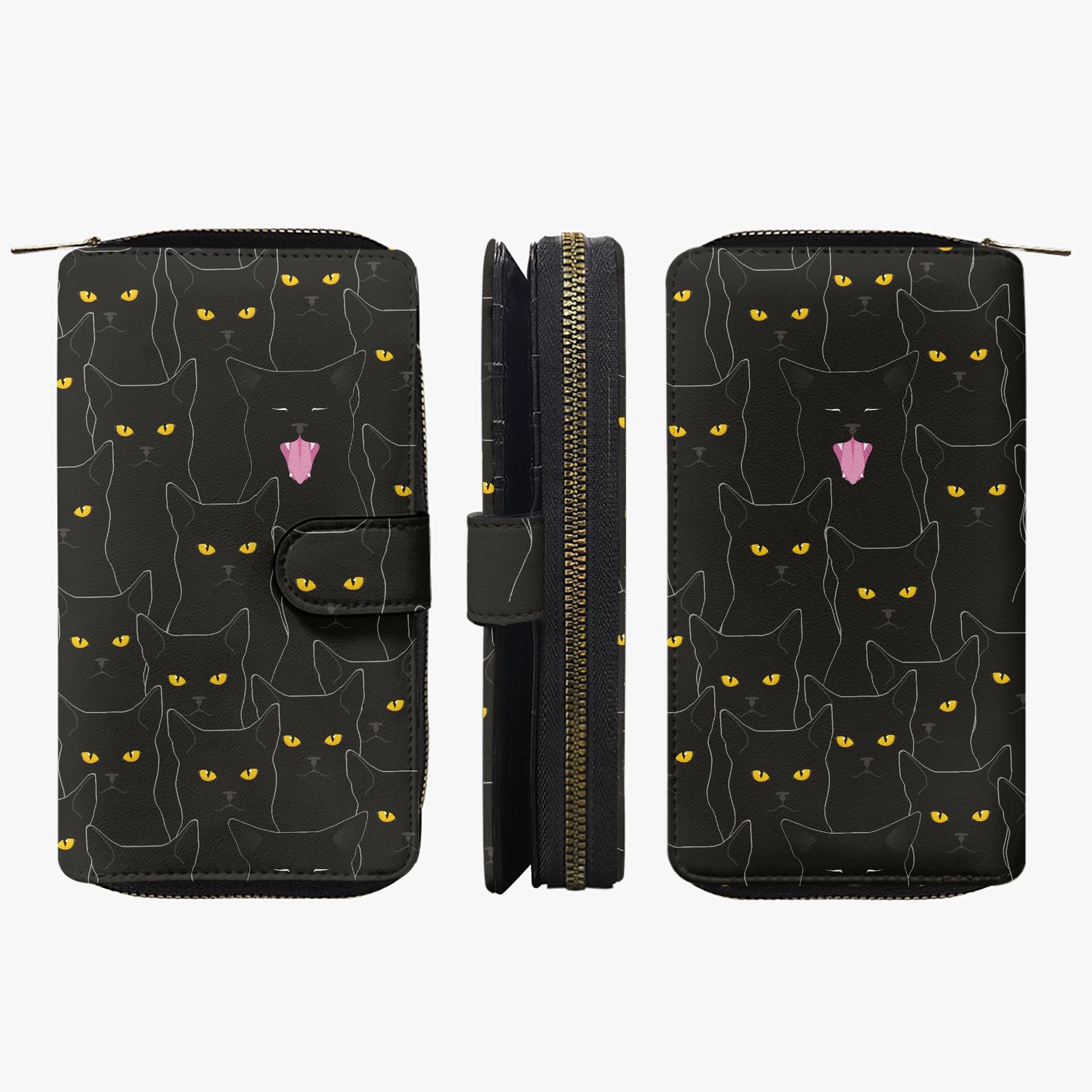 Large Black Wallet - Cartoon Cats