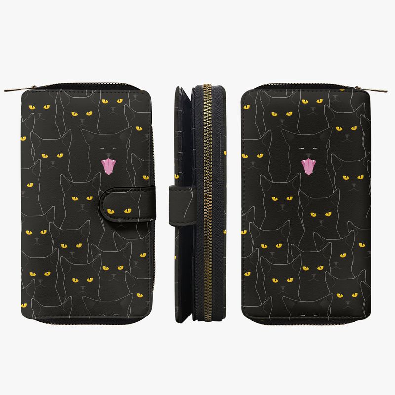 Large Black Wallet - Cartoon Cats
