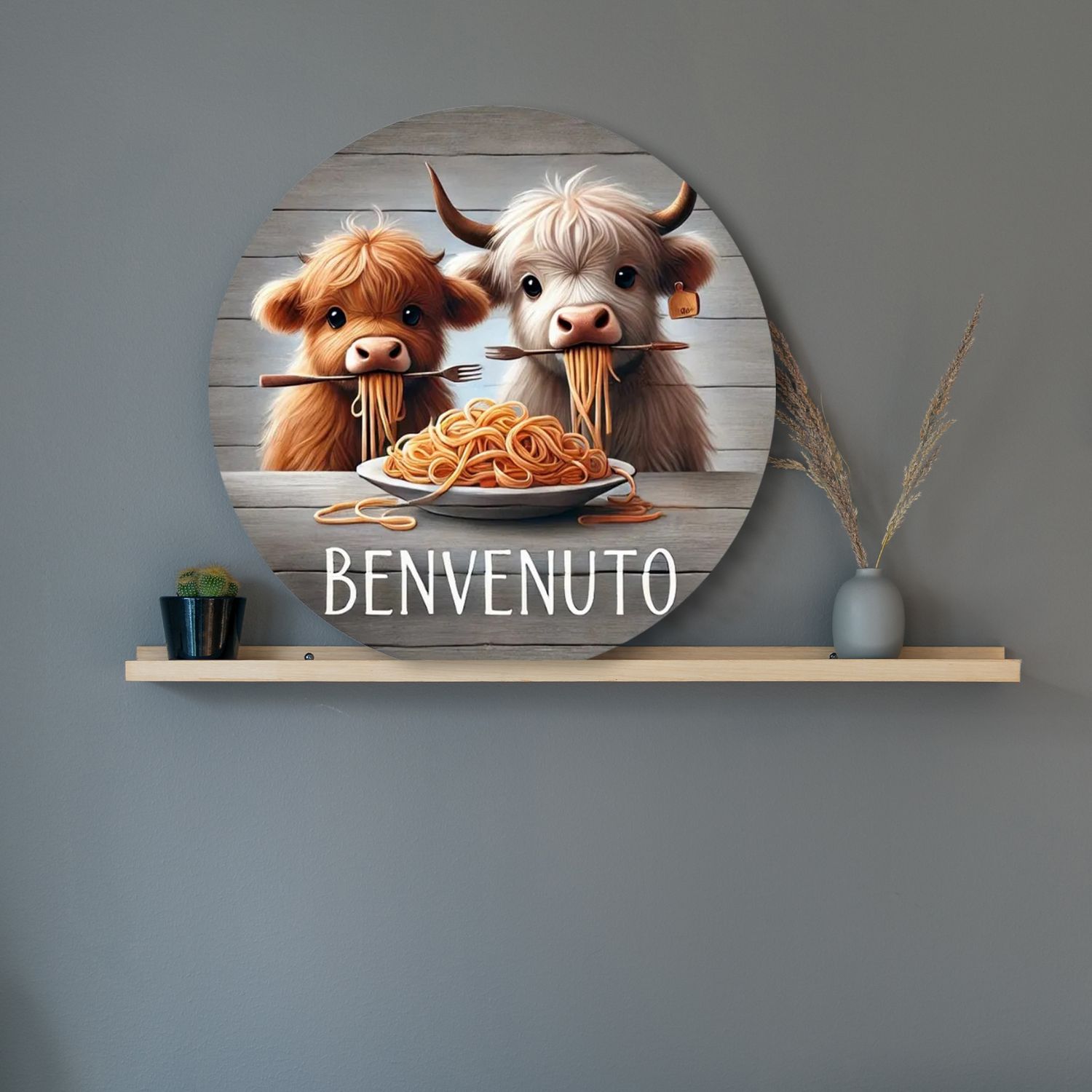 Wooden door hanger &quot;Benvenuto&quot; Highland cows - pasta