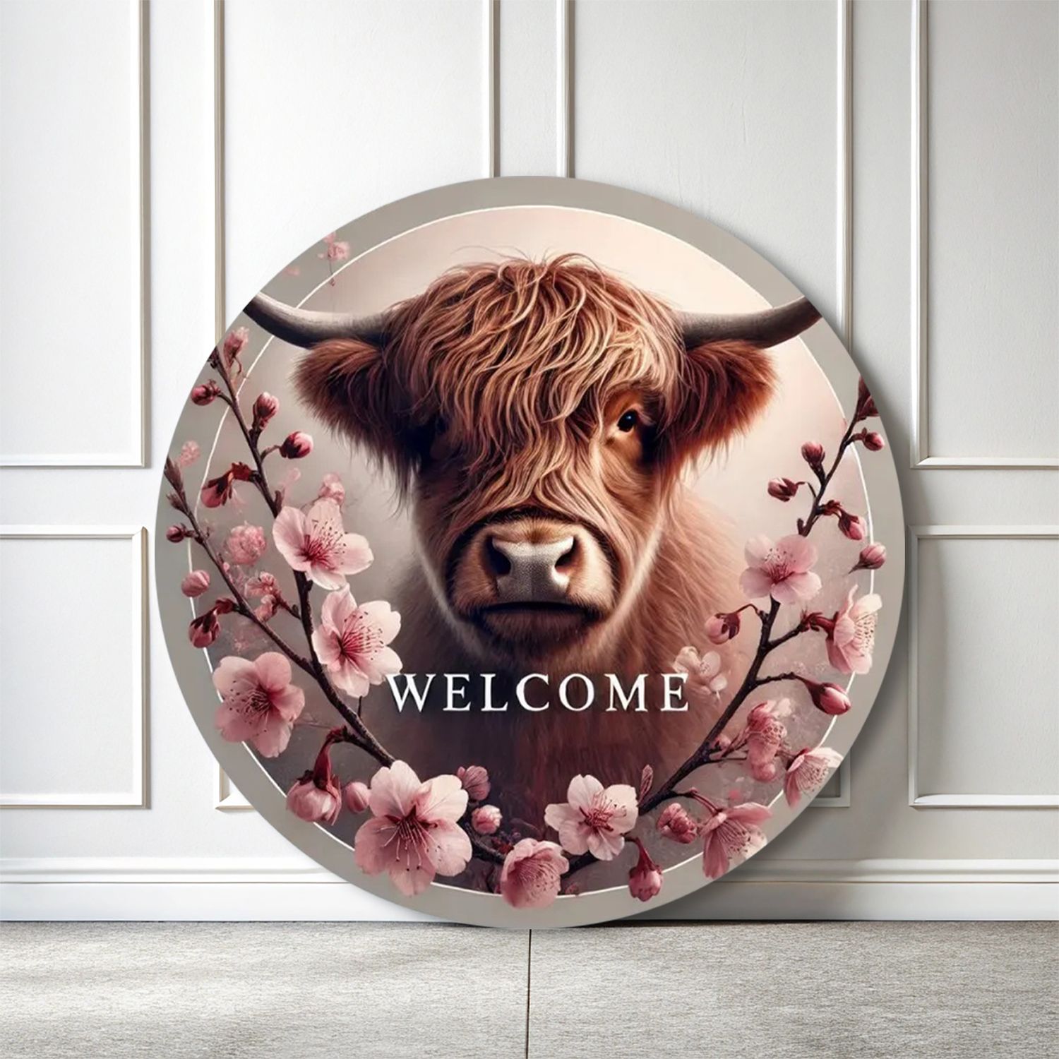 Wooden door hanger &quot;Welcome&quot; Highland cow - cherry blossoms
