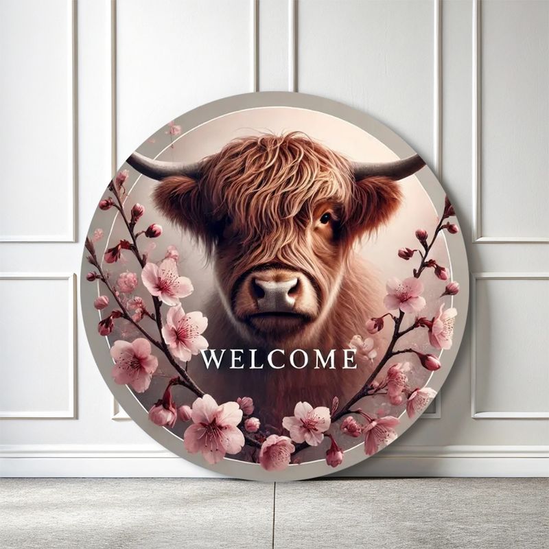 Wooden door hanger &quot;Welcome&quot; Highland cow - cherry blossoms