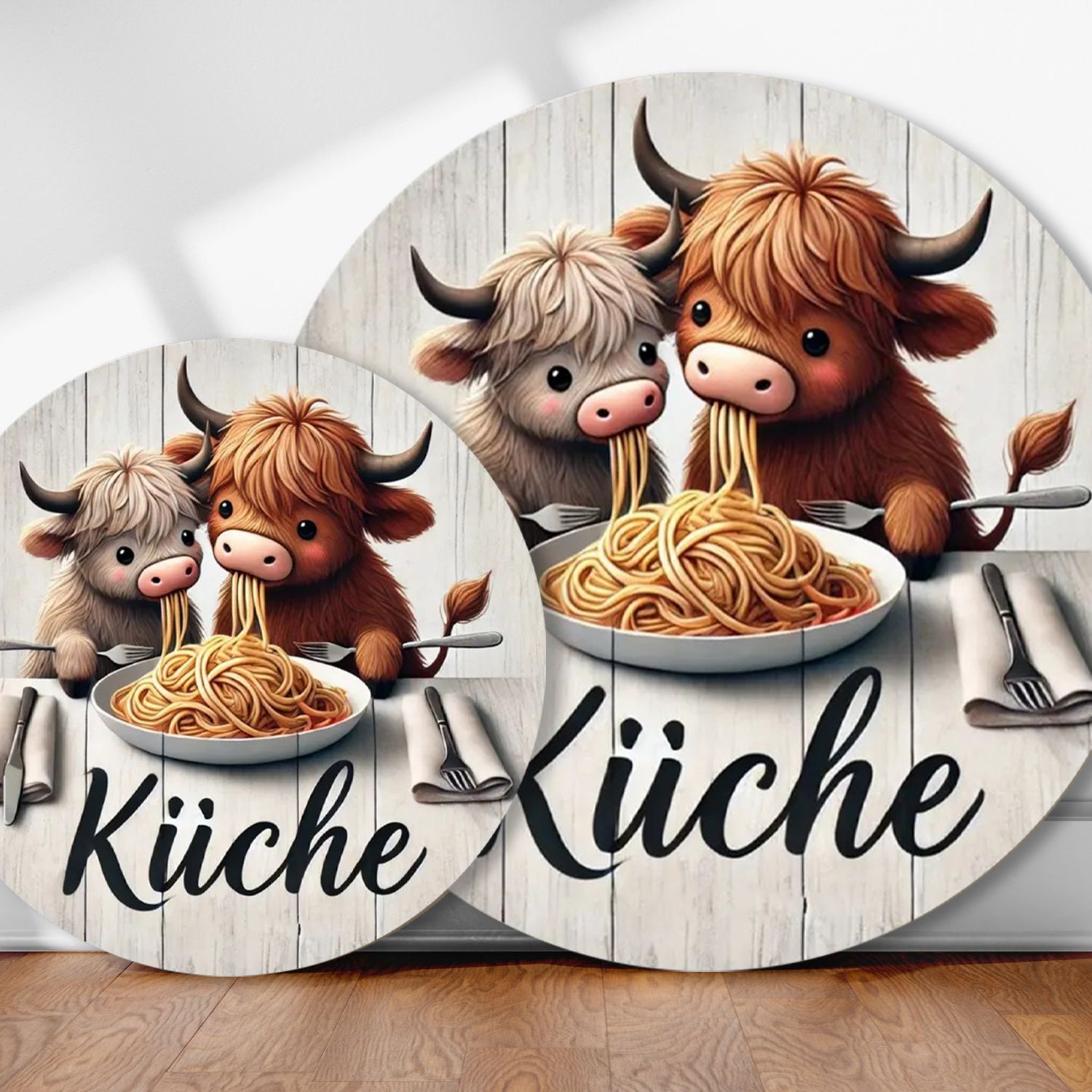 Wooden door hanger &quot;Kitchen&quot; Cute Highland cows eating pasta