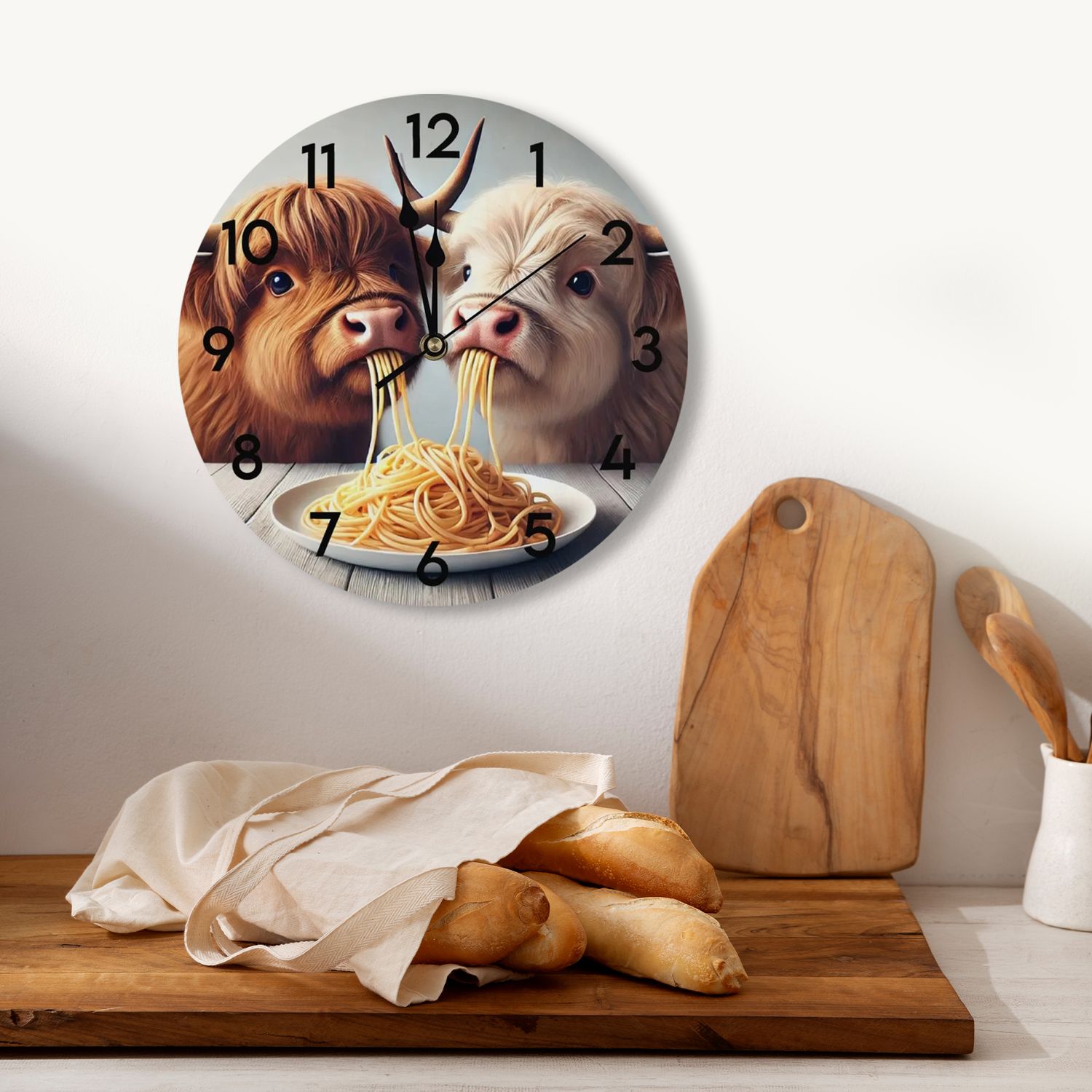 Wooden wall clock - &quot;Kitchen&quot; Highland cows eating pasta