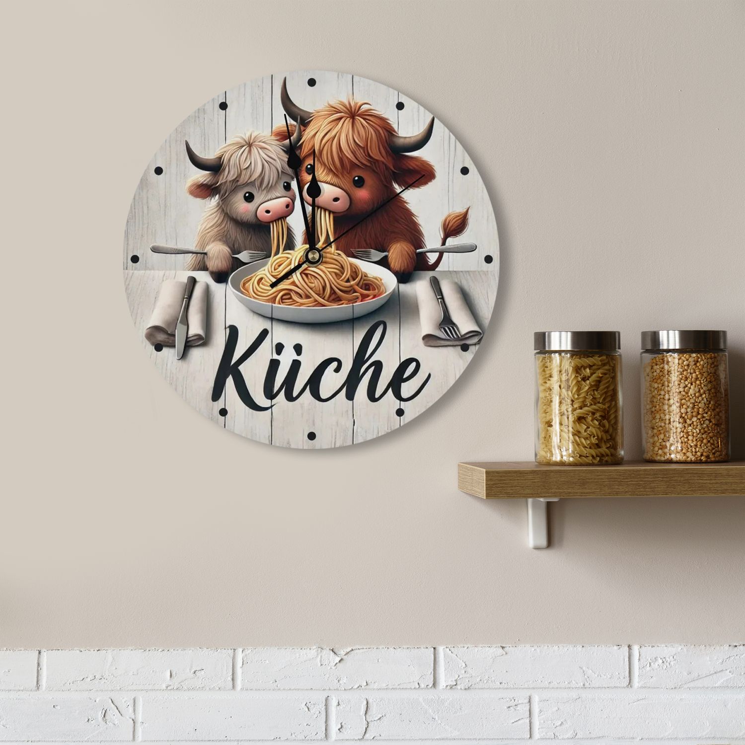 Wooden wall clock - &quot;Kitchen&quot; Highland cows eating pasta