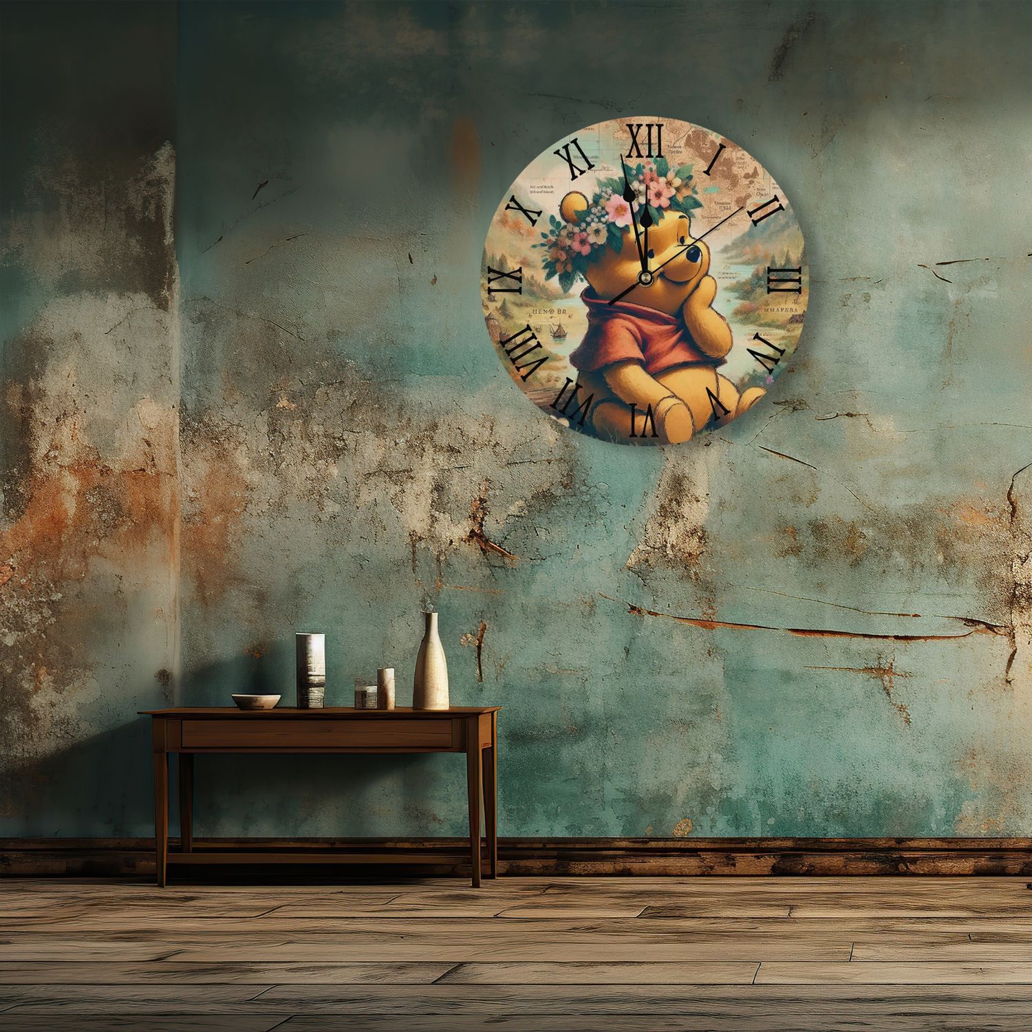 Vintage style wooden wall clock - Winnie the Pooh Hundred Acre Forest
