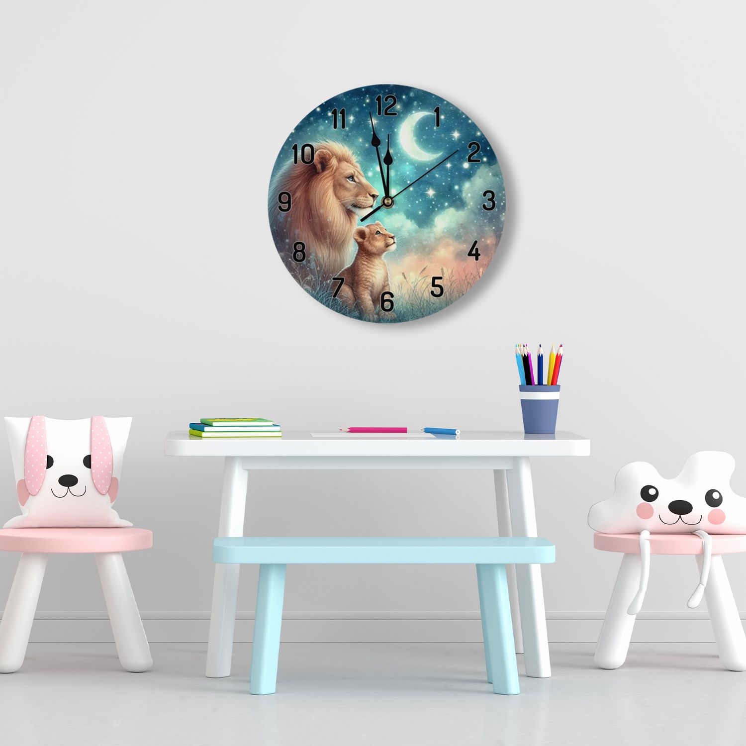 Wooden wall clock - lions - starry sky