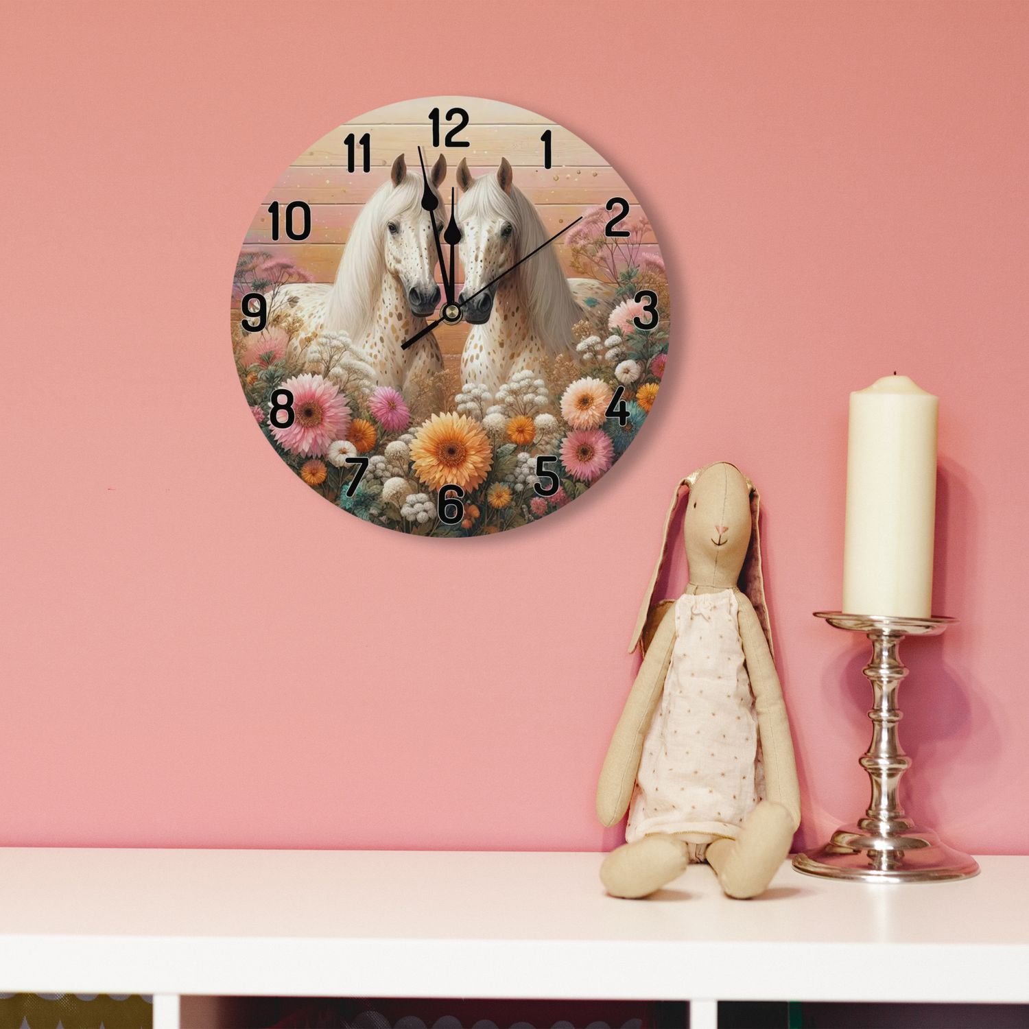 Wooden wall clock - floral horse motif