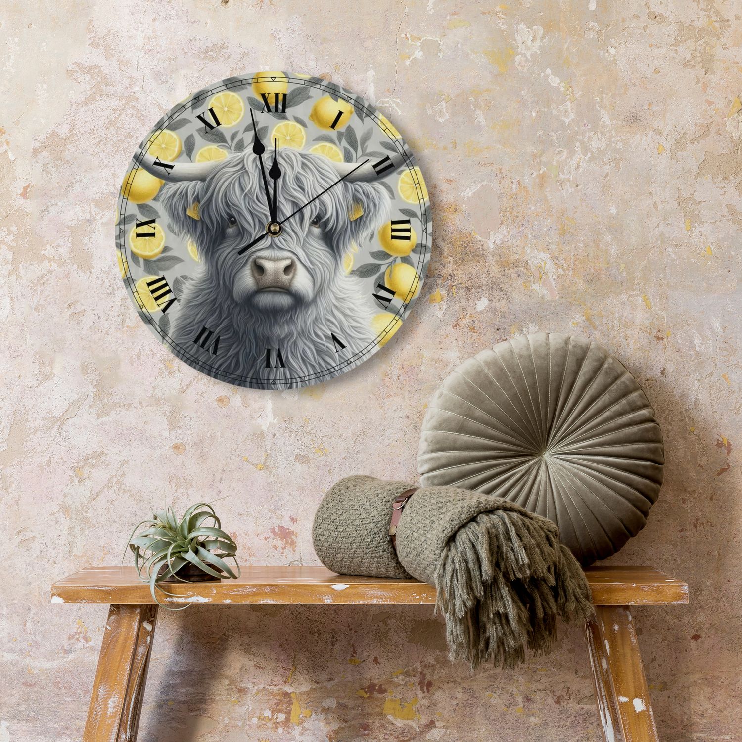 Wooden wall clock - Highland cow - lemons