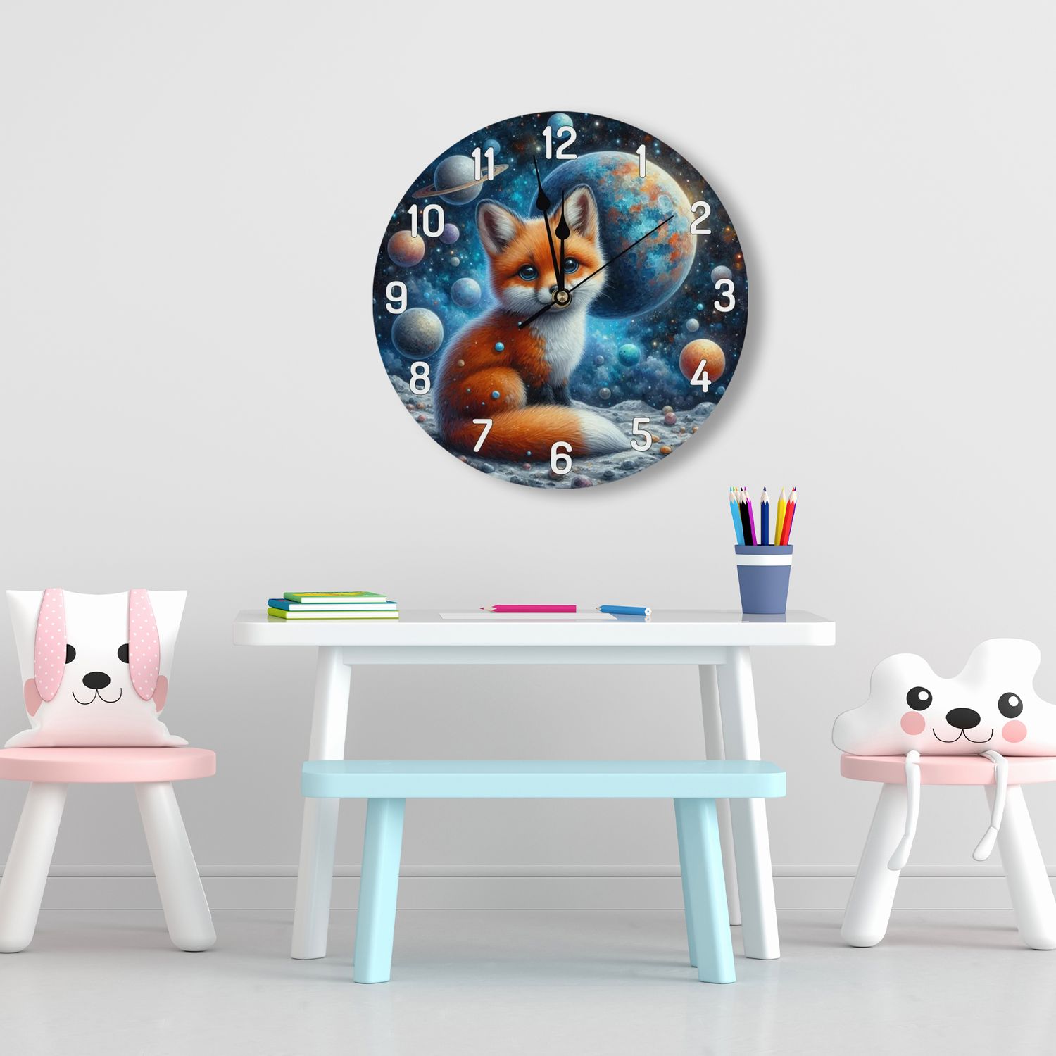 Wooden wall clock - fox - planet motif