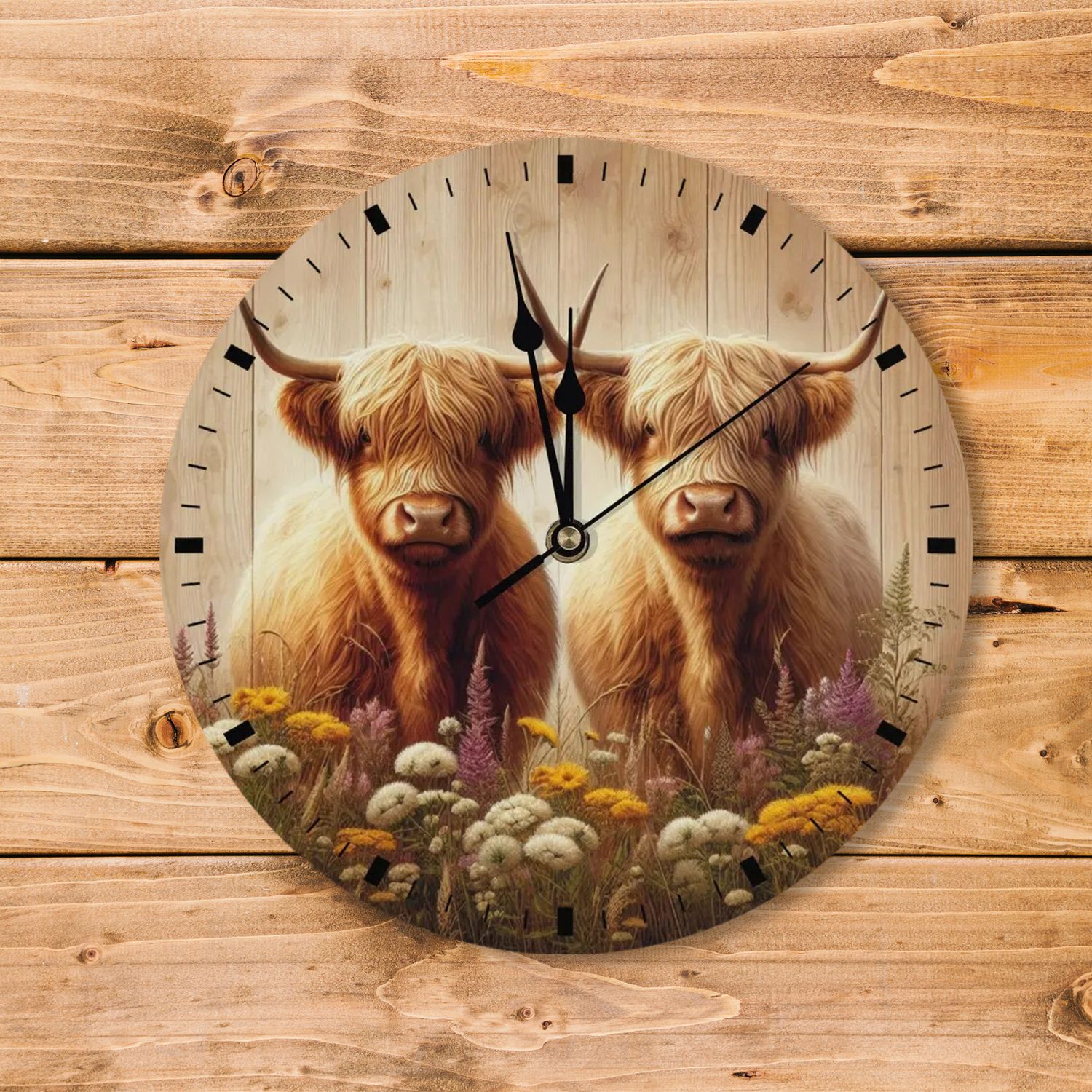 Wooden Wall Clock - Floral Highland Cow Motif