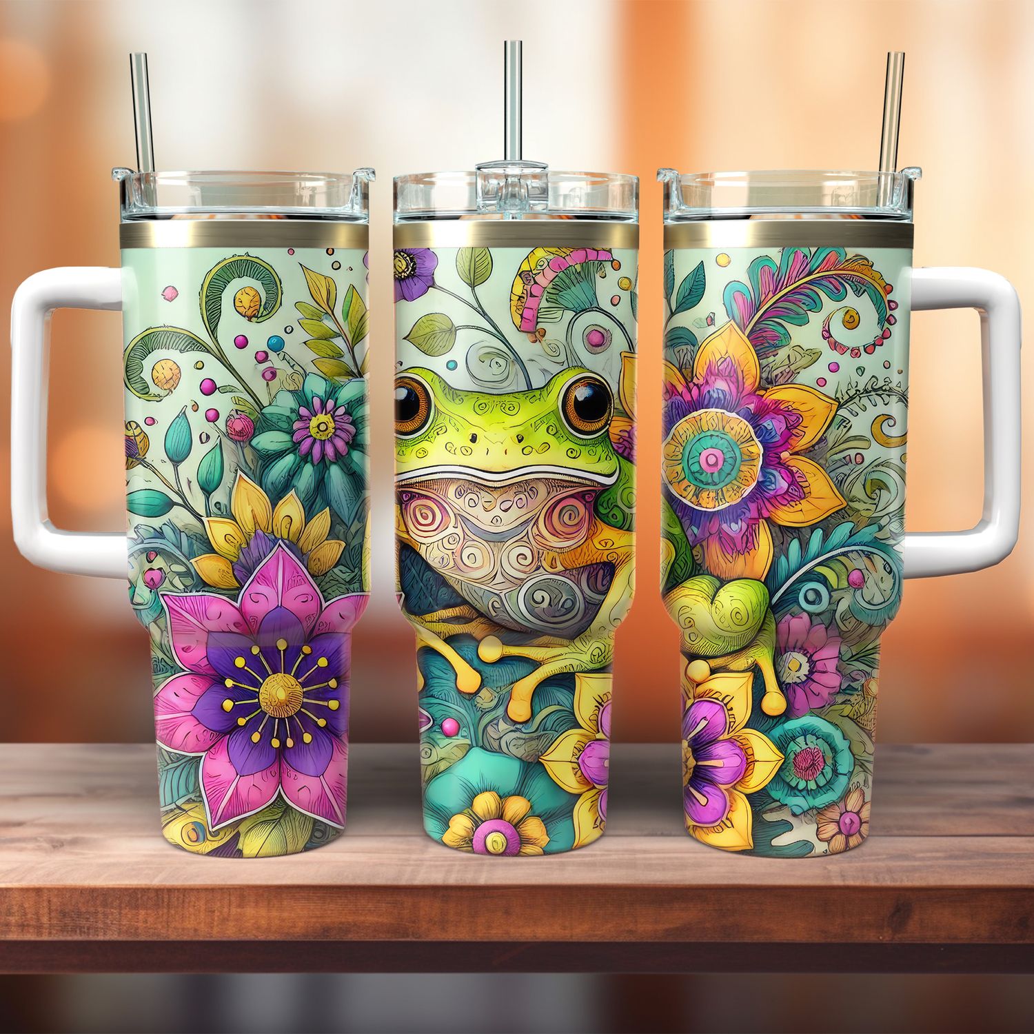 Tumbler with handle - ToGo - Floral Fantasy Frog