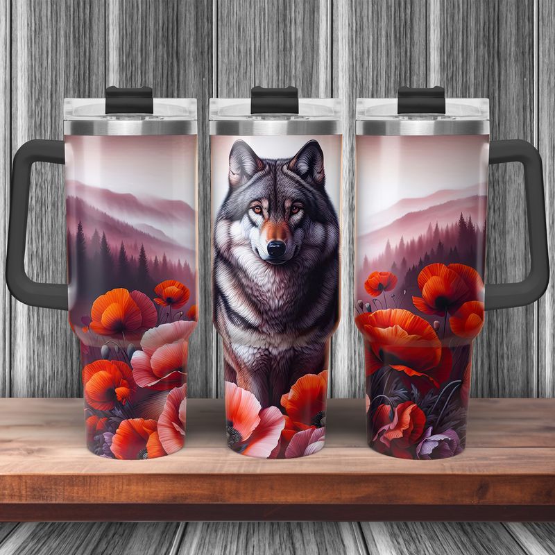 Tumbler with handle - ToGo - Wolf with poppies