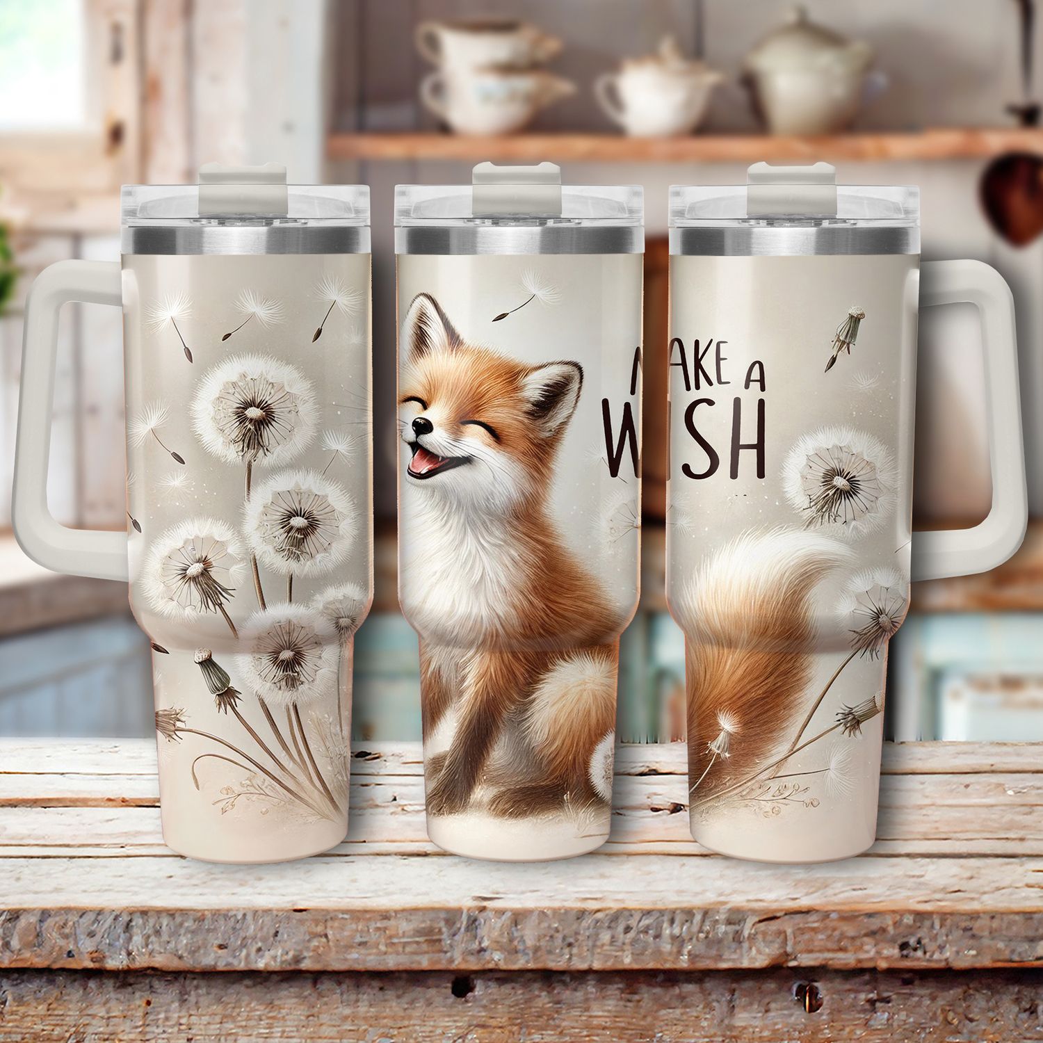 Tumbler with handle - ToGo - &quot;Make A Wish&quot; fox - dandelion