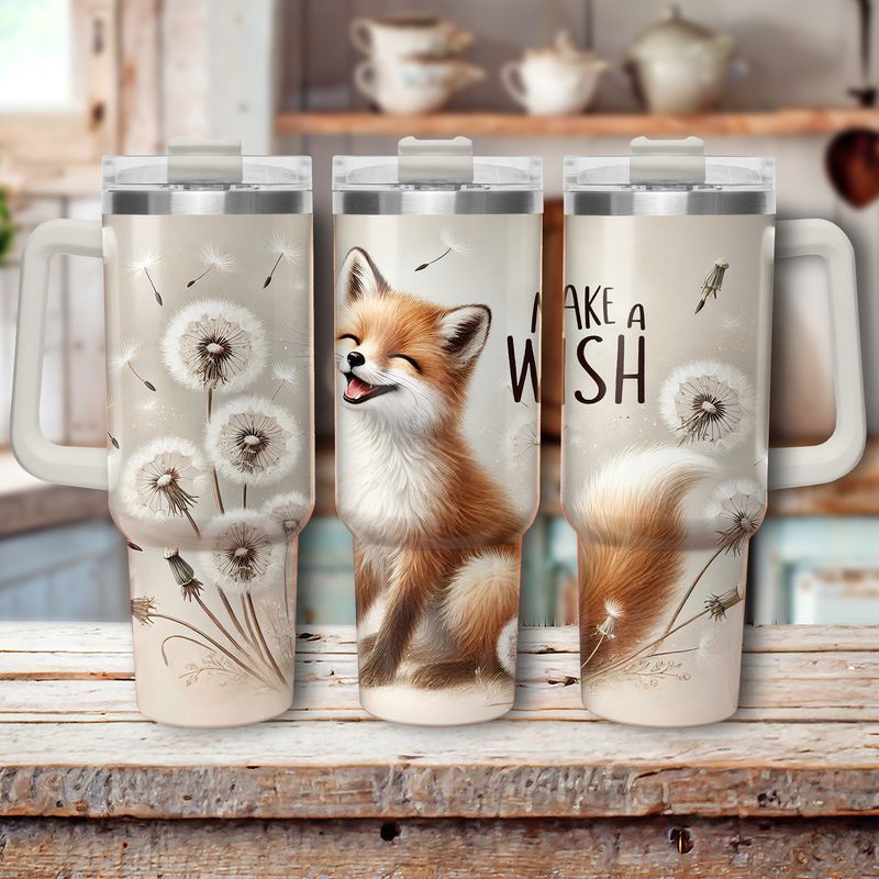 Tumbler with handle - ToGo - &quot;Make A Wish&quot; fox - dandelion