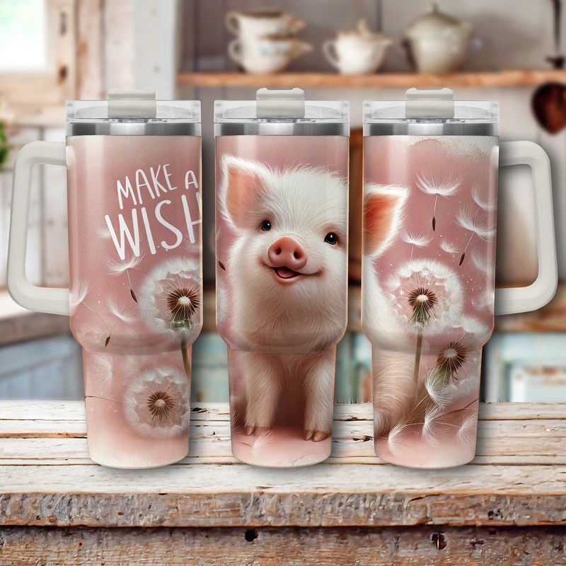 Tumbler with handle - ToGo - &quot;Make A Wish&quot; piggy - dandelion