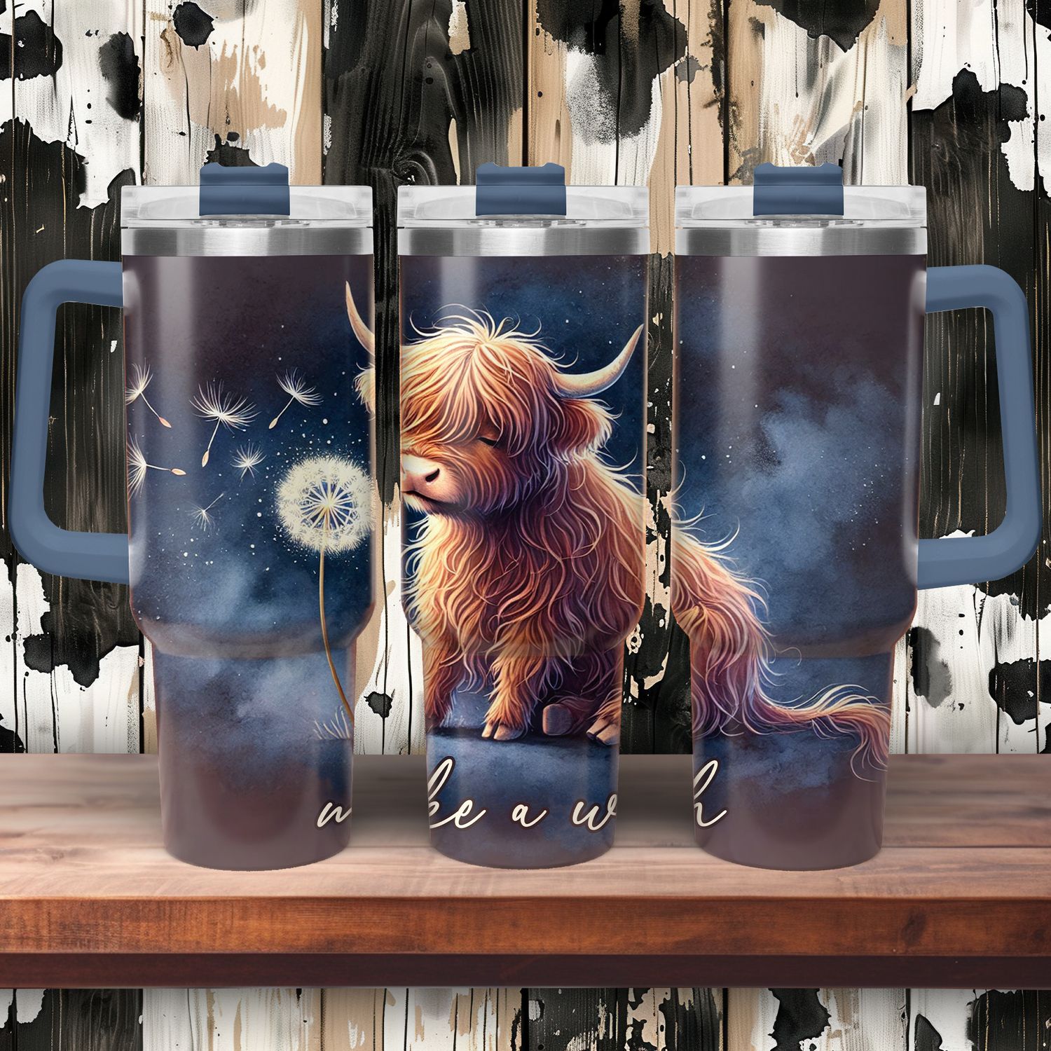 Tumbler with handle - ToGo - &quot;Make A Wish&quot; Highland Cow - Dandelion