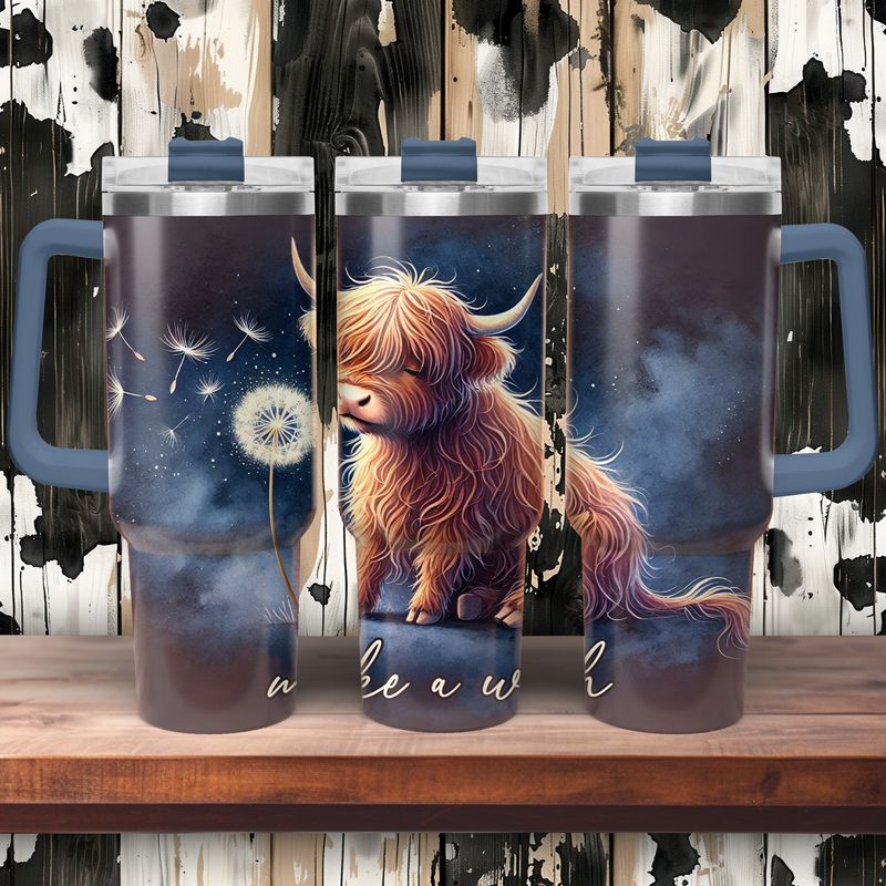 Tumbler with handle - ToGo - &quot;Make A Wish&quot; Highland Cow - Dandelion