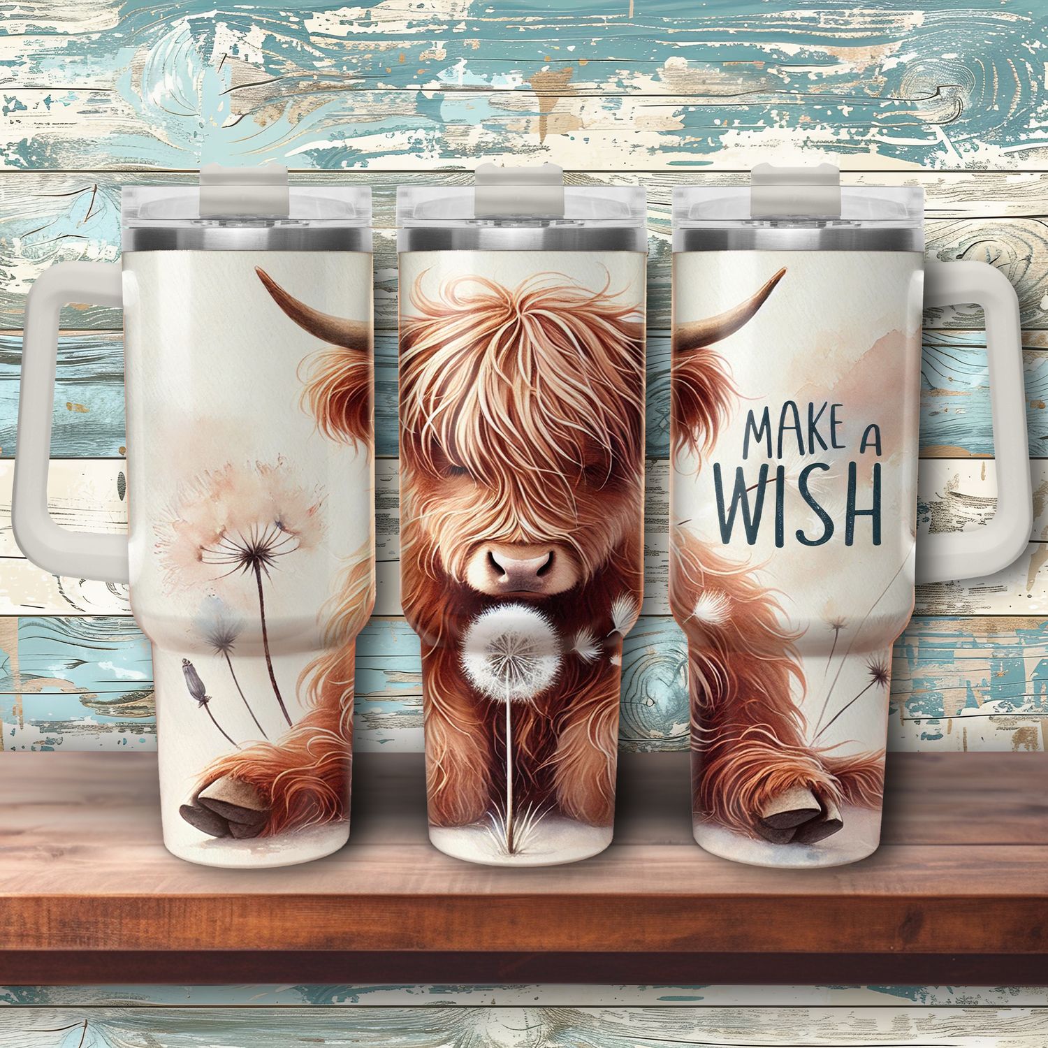 Tumbler with handle - ToGo - &quot;Make A Wish&quot; Highland Cow - Dandelion