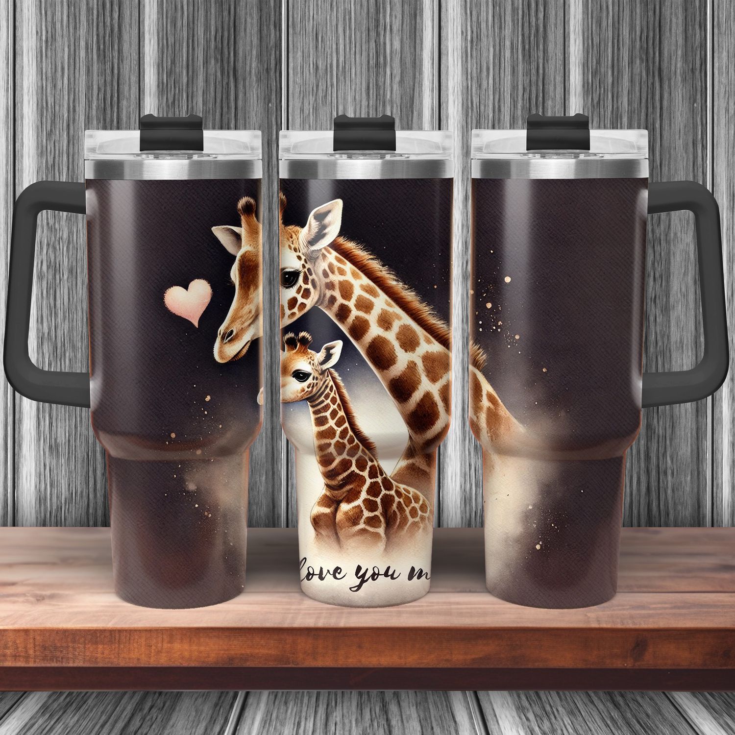 Tumbler with handle - ToGo - &quot;I Love You Mom&quot; ​​giraffe mom with child