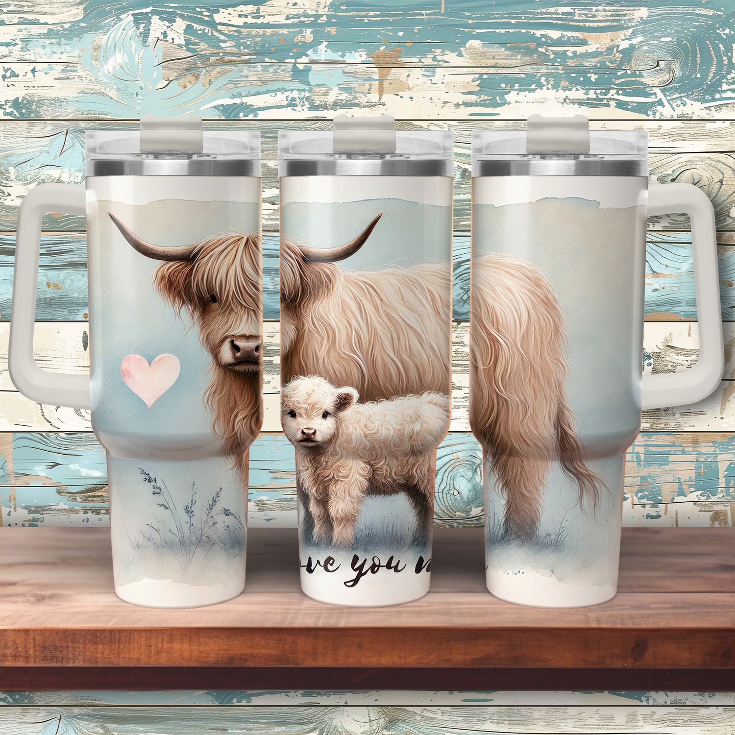 Tumbler with handle - ToGo - &quot;I Love You Mom&quot; ​​Highland cow mom with child