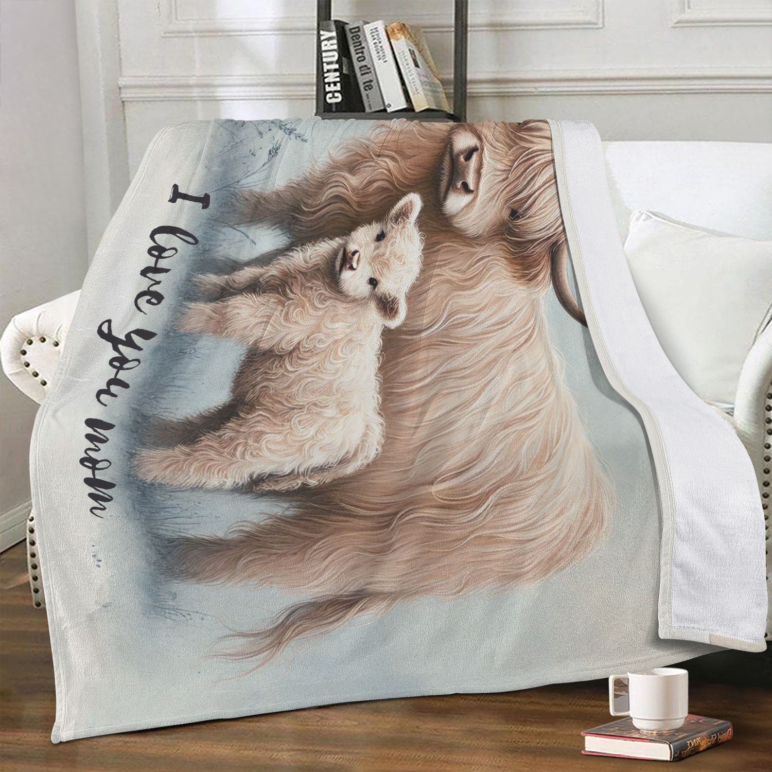 Adorable &quot;I Love You Mom&quot; ​​cuddly blanket with Highland cow motif