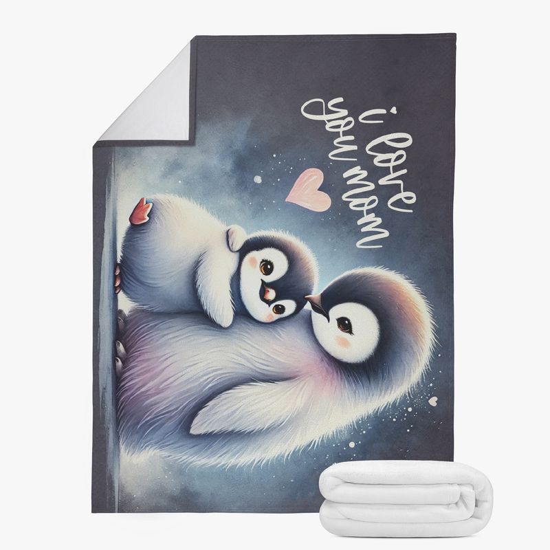 Blue &quot;I Love You Mom&quot; ​​cuddly blanket with penguin motif