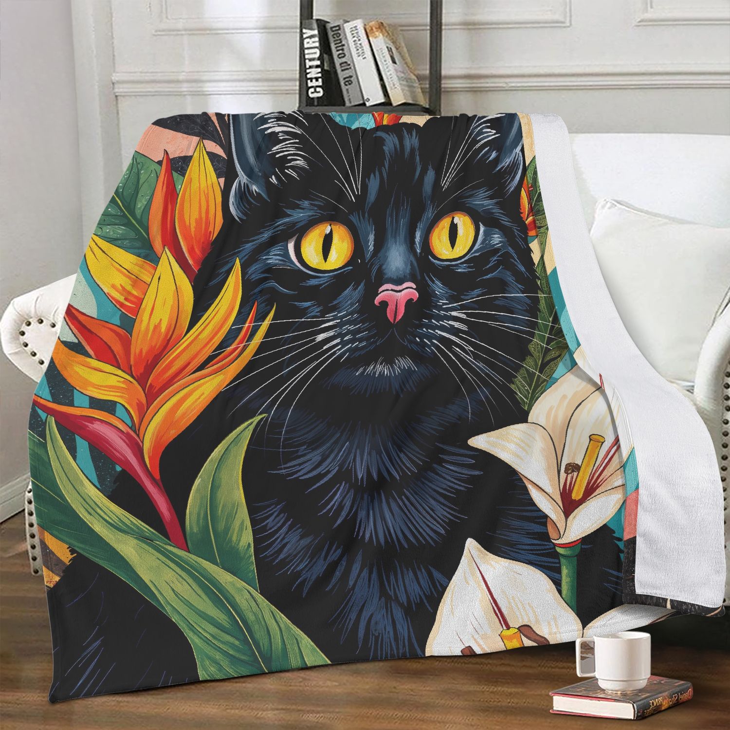 Colorful cuddly blanket with a cat motif