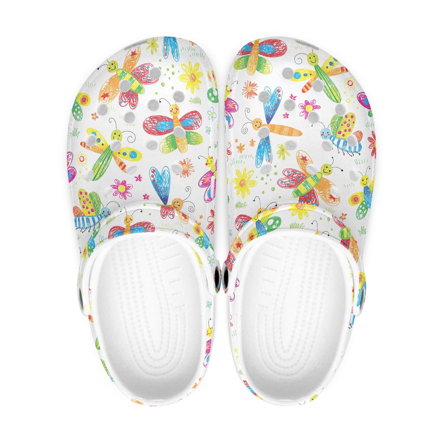 Sweet White Clogs - Colorful Butterflies