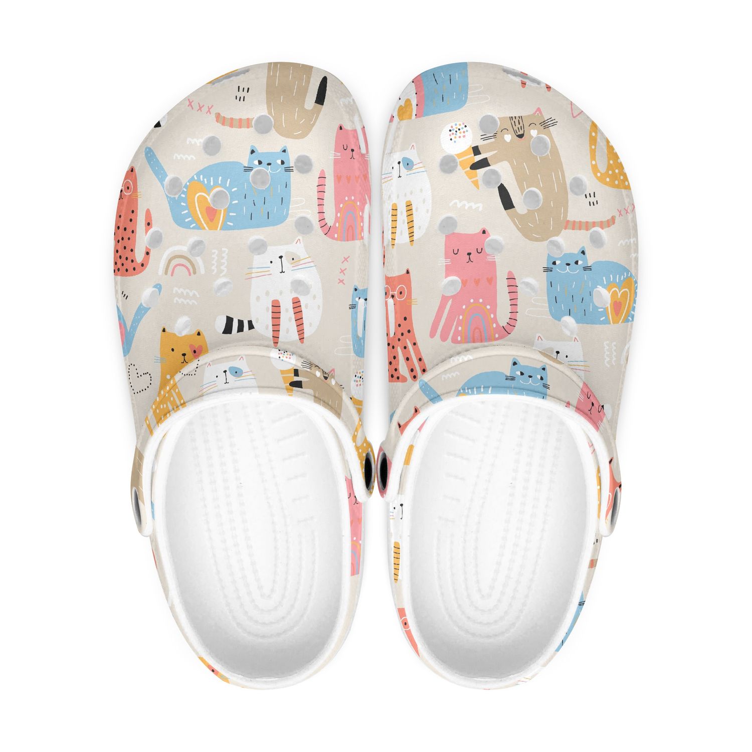 Funny beige cartoon cat clogs