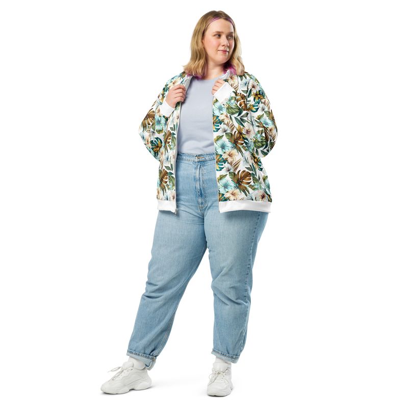 Lightweight tropical hibiscus flowers bomber jacket