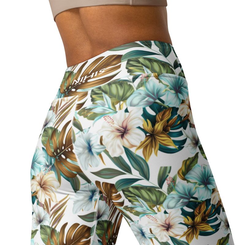 White tropical hibiscus flowers high-waist leggings