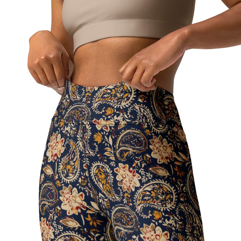 Navy Blue Floral Paisley High-Waist Leggings