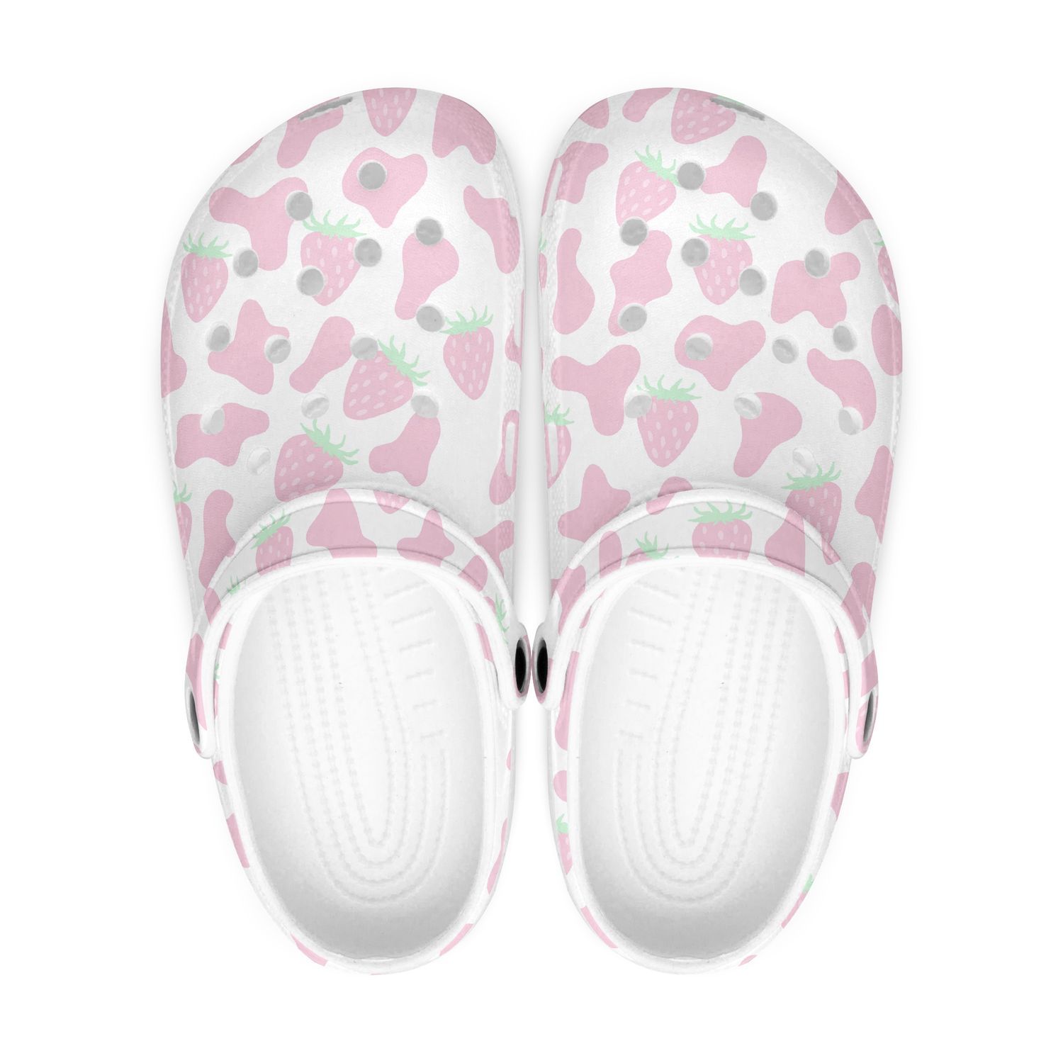 White Cow Spot Clogs - Pink Strawberries