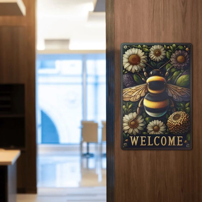Tin sign &quot;Welcome&quot; bee - sunflower