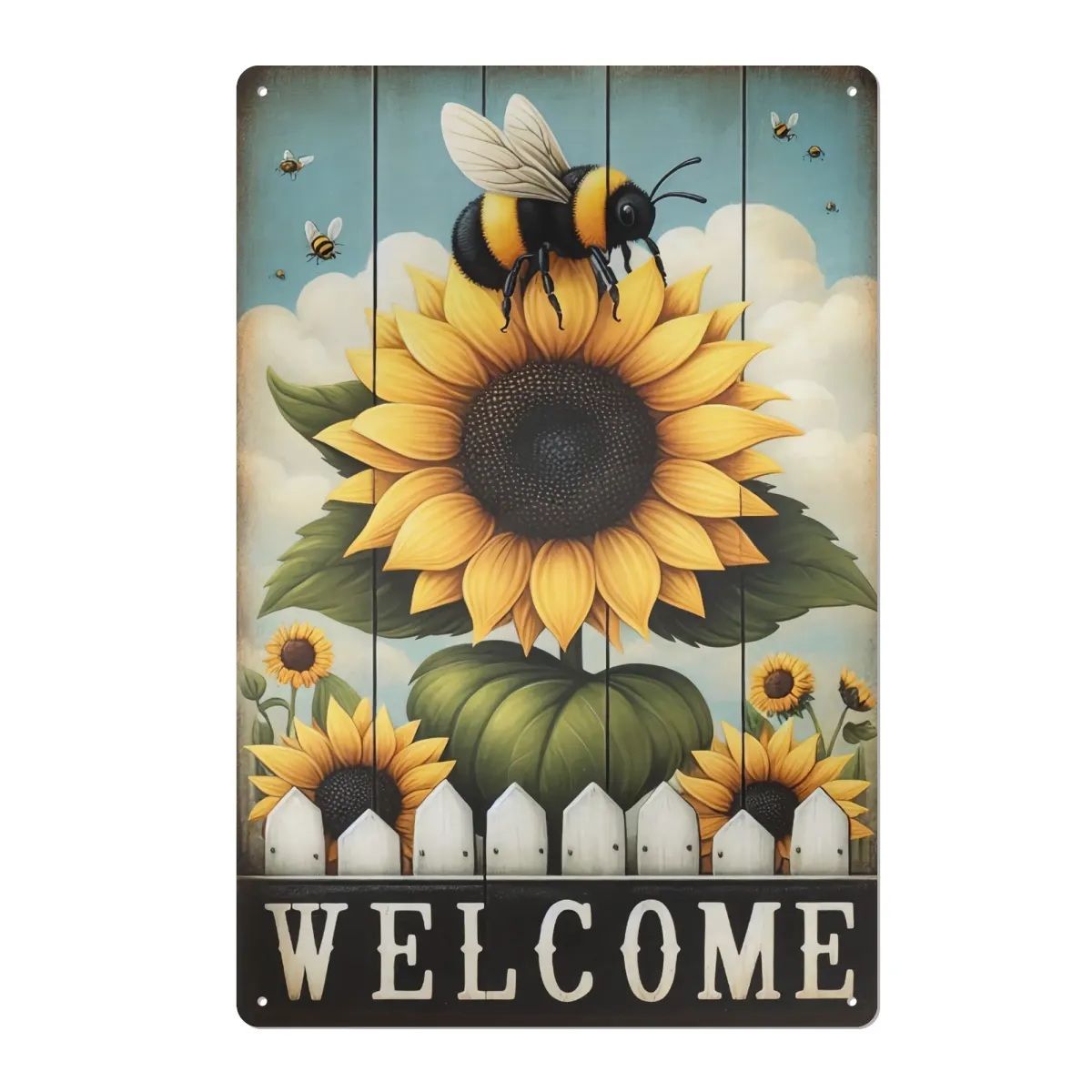 Tin sign &quot;Welcome&quot; bee - sunflower