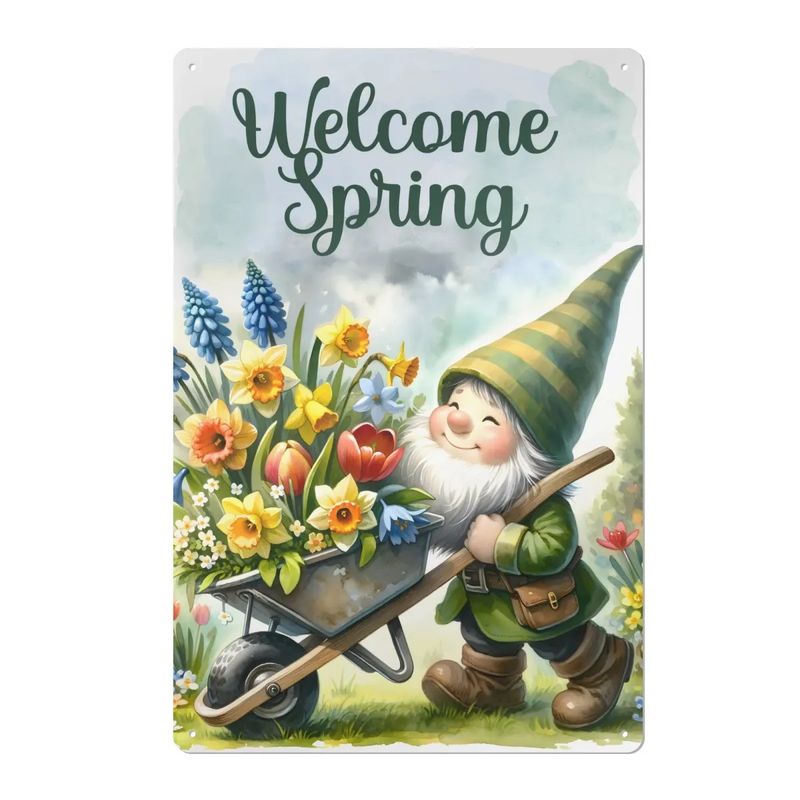 Tin sign &quot;Welcome Spring&quot; spring gnomes