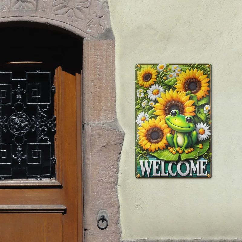 Tin sign &quot;Welcome&quot; frog - sunflower