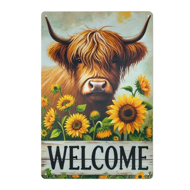 Tin sign &quot;Welcome&quot; Highland cow - sunflower