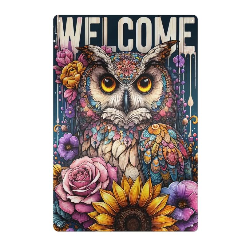 Tin sign &quot;Welcome&quot; floral owl