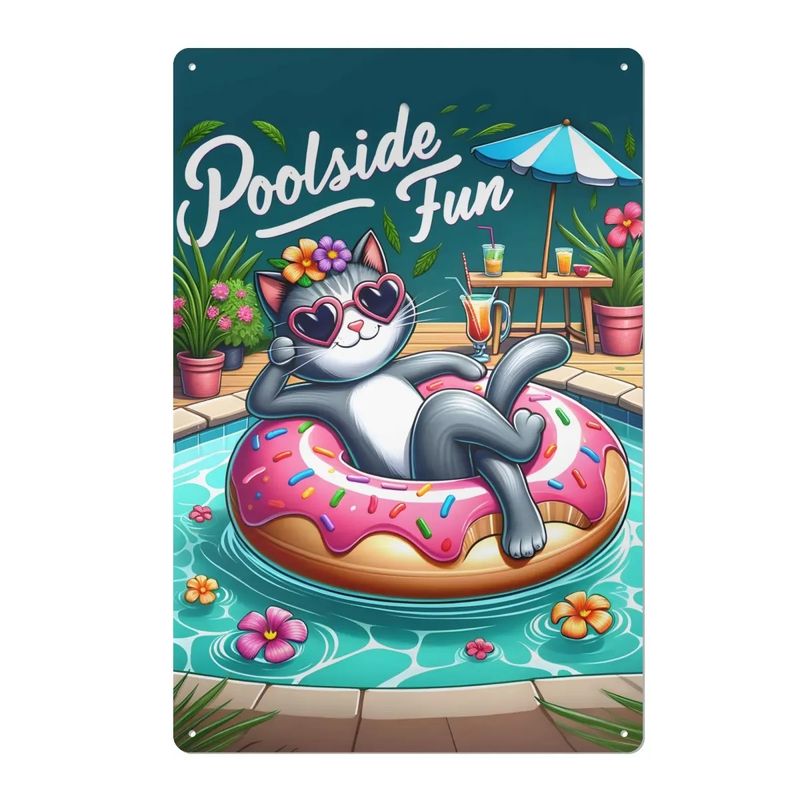 Tin sign &quot;Poolside Fun&quot; cat