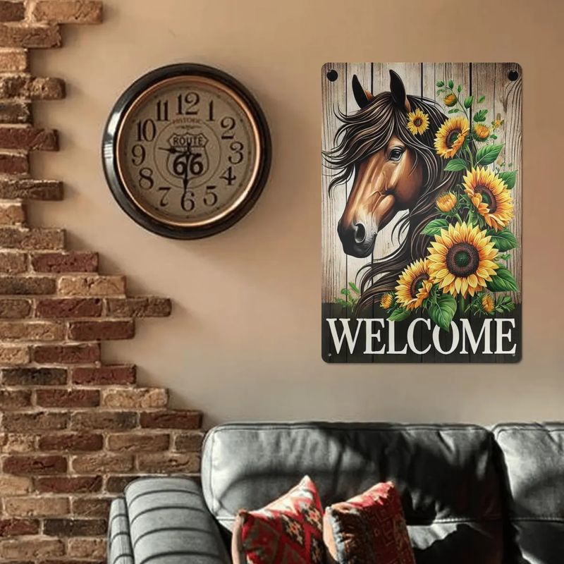 Tin sign &quot;Welcome&quot; horse - sunflower