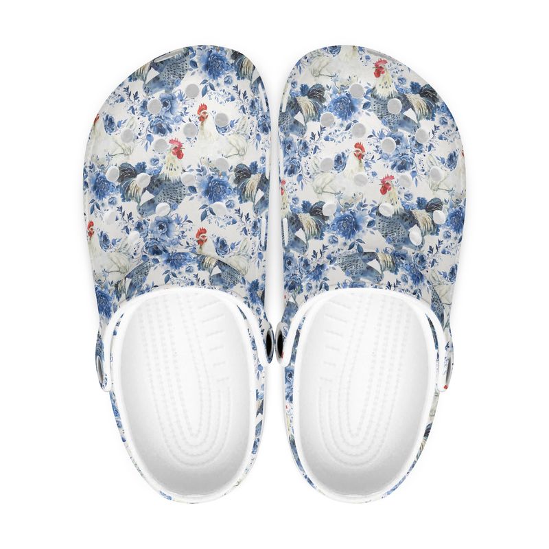 White Floral Clogs - Blue Flowers with Chickens
